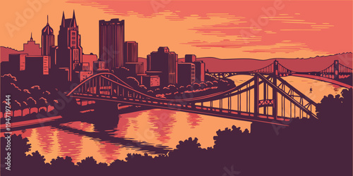 USA, US, U.S, United States - Pittsburgh Skyline at Sunset – Panoramic Cityscape with Dramatic Bridges, Three‑River Reflections, and Vibrant Pennsylvania Atmosphere in the United States