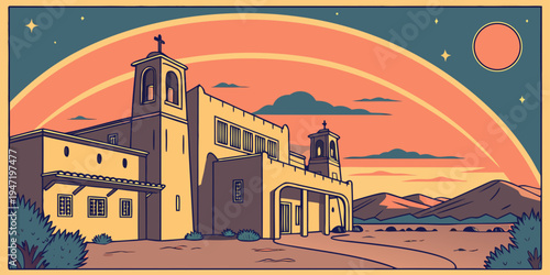 USA, US, U.S, United States - Santa Fe Adobe Skyline at Sunset – Panoramic Desert Cityscape with Glowing Pueblo Architecture and Vibrant Southwestern Atmosphere in the United States