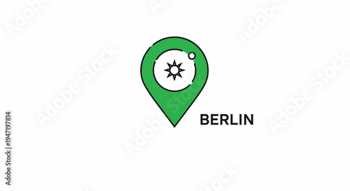 Green Location Pin with Star Icon on Map Pointing to Berlin City, Isolated White Background