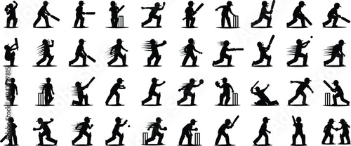 "Dynamic cricket silhouettes collection featuring batsmen, bowlers, fielders, and wicketkeepers in action poses, perfect for sports design, teamwork concepts, and athletic illustration projects"