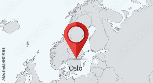 Red Location Pin on Scandinavian Map Pointing to Oslo City, Isolated White Background