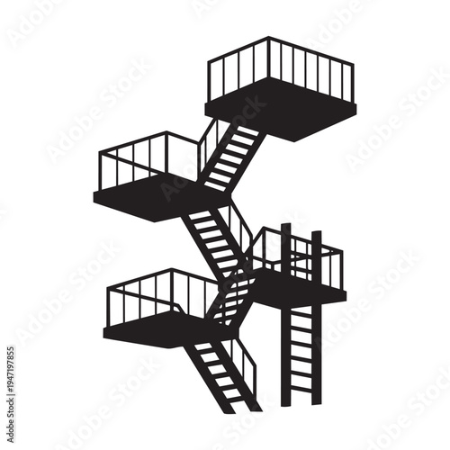 External metal fire escape stairs vector illustration with multiple levels and emergency platforms