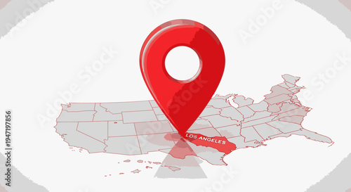 Red Location Pin on USA Map Pointing to Los Angeles City, Isolated White Background