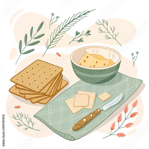 Hand-drawn illustration of crackers and a bowl of dip with a knife, surrounded by botanical elements, perfect for food or lifestyle content