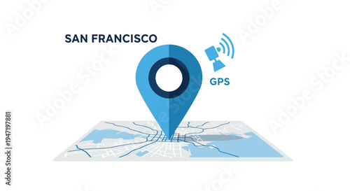 Blue Location Pin on Stylized Map with San Francisco City and GPS Signal, Isolated White Background