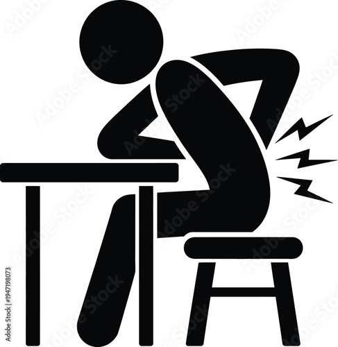 Pictogram of a person sitting at a desk experiencing lower back pain due to poor posture