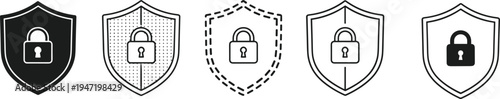 Security shield icons set with padlock symbols in outline and solid styles vector illustration for protection privacy safety concept