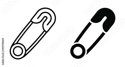 Safety pin icon set featuring outline and solid black styles for sewing tailoring craft and household fastener equipment design