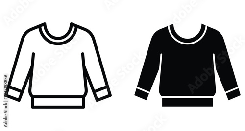Sweatshirt icon set featuring long sleeve sweater apparel in outline and solid black flat vector style for fashion design