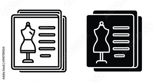 Fashion design portfolio document icon set featuring mannequin dress form and text lines for clothing manufacturing and apparel industry
