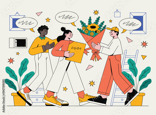 Illustration of Colleagues Presenting Flowers and Certificate in Celebration