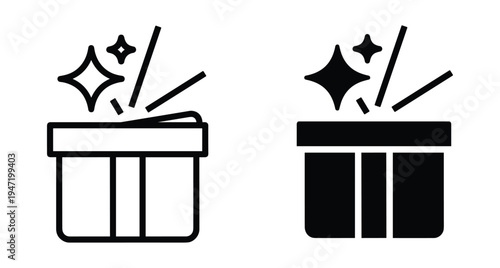 Open gift box icon set with magic sparkles and stars representing surprise present celebration birthday holiday reward special offer