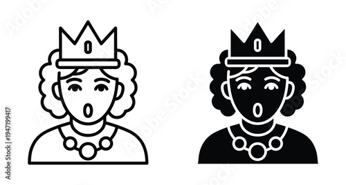 Royal queen princess icon set showing a woman with crown and necklace in outline and glyph styles for graphics