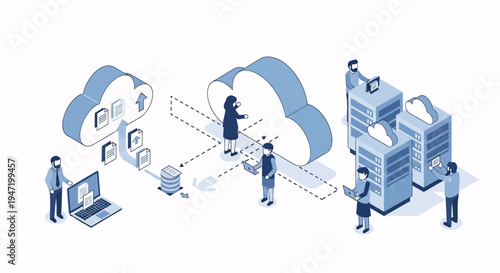Cloud computing concept with people interacting with servers and data storage
