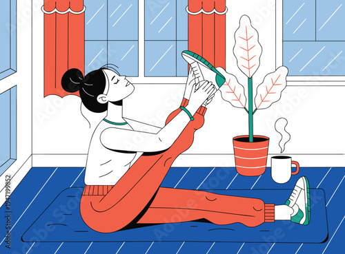Woman Performing Leg Stretch Exercise at Home Illustration