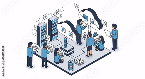 Isometric illustration of IT professionals managing cloud computing and data center infrastructure, demonstrating teamwork in modern technology.