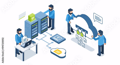 IT professionals setting up cloud computing infrastructure and data storage servers for business operations