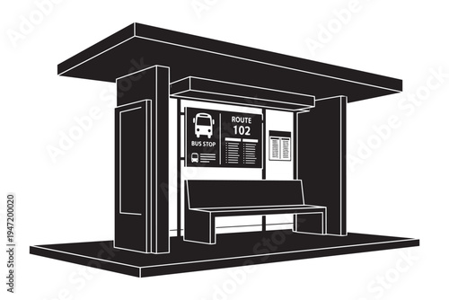 Modern bus stop station vector illustration featuring seating area and route information board sign