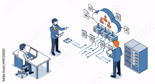 Business professionals collaborating on cloud data storage and network infrastructure with servers and documents, isometric illustration.