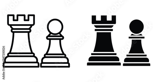 Chess piece icons featuring rook and pawn in outline and solid black silhouette styles for game design and strategy