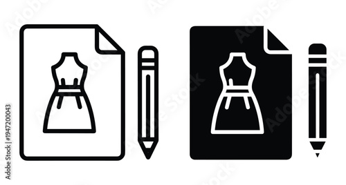 Fashion design icons showing dress sketch on paper with pencil in outline and solid styles for tailoring and dressmaking