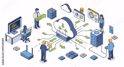 Cloud computing and data storage concept with people interacting with servers and network devices in isometric view