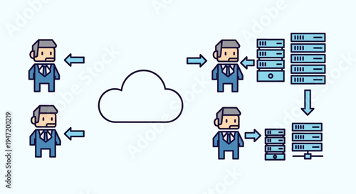 Cloud computing and data center infrastructure with cartoon business people. Digital network, IT services, and remote server management concept illustration.
