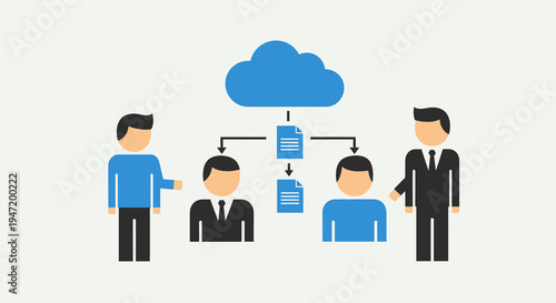 Cloud data sharing concept with business professionals collaborating, exchanging files, and utilizing network technology for efficient digital information transfer.
