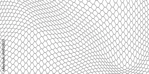 Fishing or soccer net. Repeated hexagon pattern. Black wired mesh texture isolated on white background. Metallic or fabric fence, cage or lattice structure. Vector graphic Illustration.