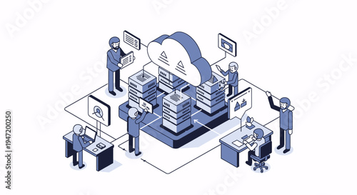 Business team working with cloud technology, data servers, and network connections, illustrating modern IT infrastructure and digital solutions.