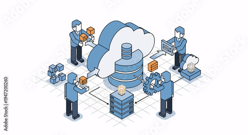 Isometric illustration of a team collaborating on cloud computing infrastructure, data management, and network security. Digital transformation and IT services concept.