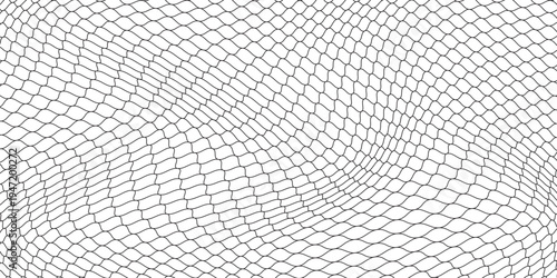 Fishing or soccer net. Repeated hexagon pattern. Black wired mesh texture isolated on white background. Metallic or fabric fence, cage or lattice structure. Vector graphic Illustration.