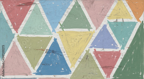 Pattern of overlapping, hand-drawn triangles in muted, chalky colors creates a distressed, geometric wallpaper effect.