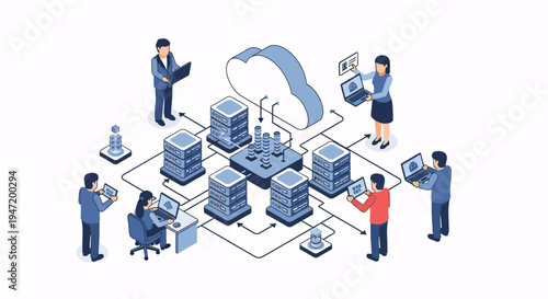 Isometric illustration of people working with cloud computing and data servers, representing IT infrastructure and digital transformation.