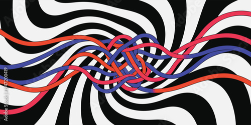 Intertwined red and blue wavy lines against a hypnotic black and white striped background, creating a visually dynamic and engaging composition