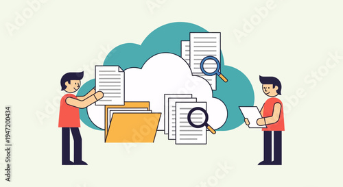 Digital cloud storage and data management concept. People organizing, uploading, and accessing files online, representing secure network administration and information sharing.