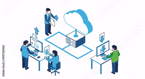 Isometric illustration: Business team managing cloud computing, data transfer, and network servers. Digital information storage and collaborative technology.