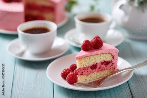 Pink raspberry layer cake slice with coffee cups in the background on a turquoise wooden table served with fresh raspberries and a fork