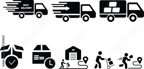 Fast Delivery and Logistics Icon Set with Shipping Truck, Warehouse, and Courier Services