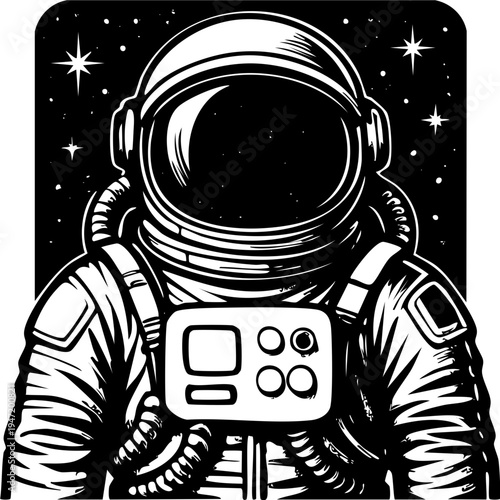 Astronaut cartoon character with retro robot spaceship illustration