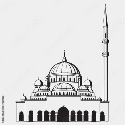 Minimal Mosque Icon with Dome and Minaret Black and White Line Art Vector