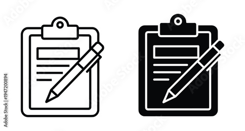 Clipboard icon set with pen for document management survey report checklist business task list note taking and office paperwork