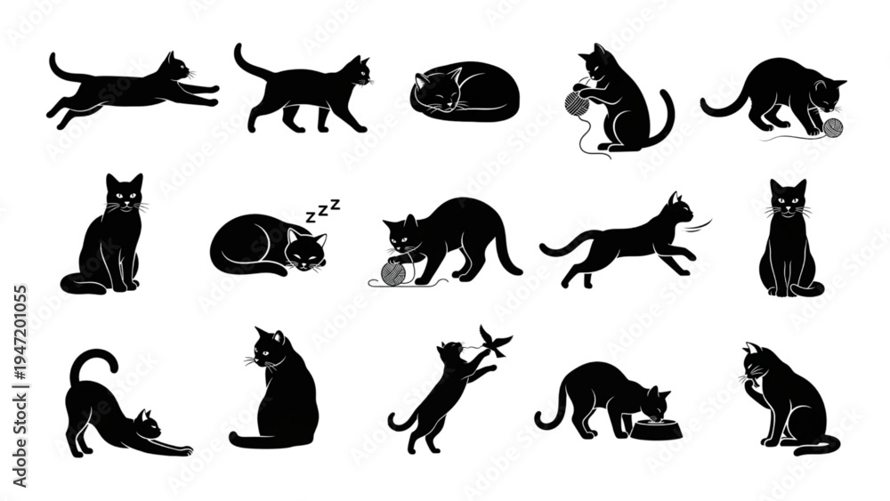 Obraz premium Cat Activities Black Silhouette Icon Set – Sitting Walking Sleeping Playing Jumping Vector Icons