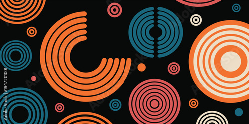 Abstract background featuring colorful concentric circles and rings in retro color palette of orange teal and pink on black backdrop for creative wallpaper and banner