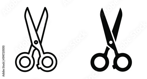 Scissors icon set with outline and solid black styles for tailoring sewing cutting equipment office supplies and craft tools