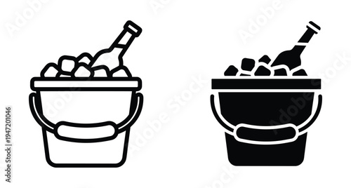 Ice bucket with champagne bottle and ice cubes icon set in outline and solid black style for party celebration