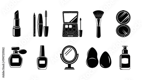 Makeup and Beauty Black Silhouette Icon Set – Lipstick Brush Compact Mascara Nail Polish Vector Icons