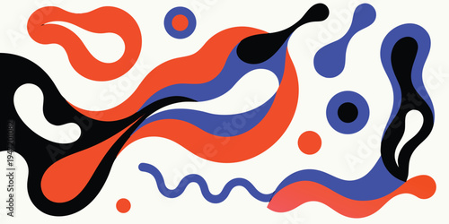 Abstract art background with organic wavy shapes in red, black, and blue, modern fluid design element, creative graphic illustration, contemporary flow pattern