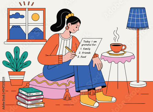 Illustration of Woman Writing Gratitude List in Cozy Home