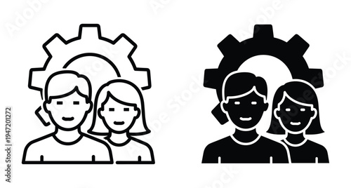 Teamwork and collaboration icon set featuring male and female characters with a gear symbol representing workforce management and technical support services